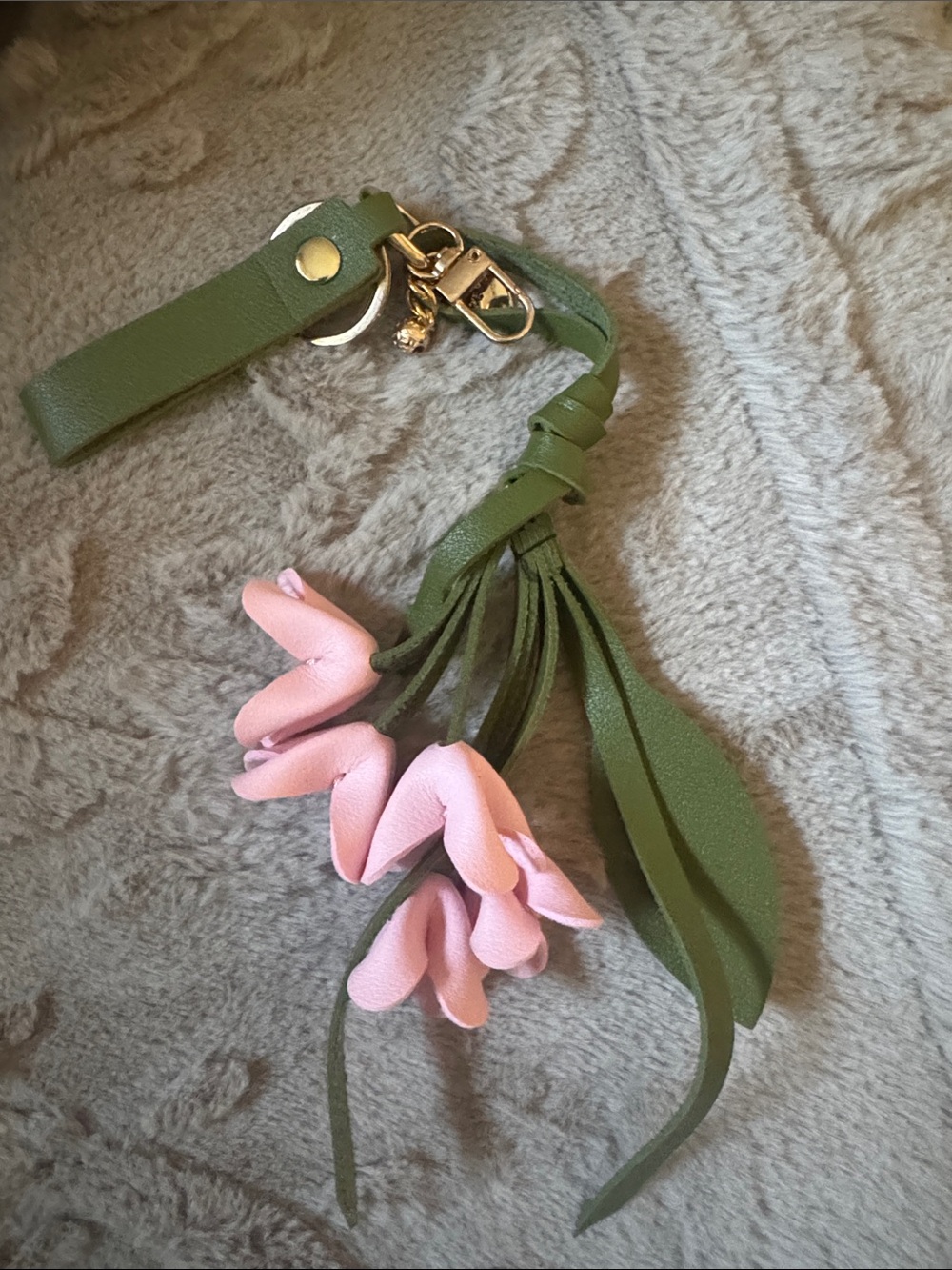 Leather Floral Tassel Keychain - Pink & Olive